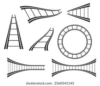 Vector film strip frame collection. Curved camera tape isolated on white background, round film reel for dairy and journal