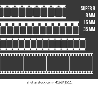 Vector Film Strip Set Illustration on black background. Abstract Film Strip Super 8 16 35mm  design template. Film Strip Seamless Pattern.