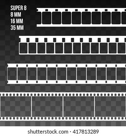 Vector Film Strip Set Illustration on black transparent background. Abstract Film Strip Super 8 16 35mm design template. Film Strip Seamless Pattern.