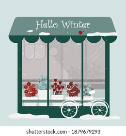 vector of final winter with flower shop and bicycle in front
