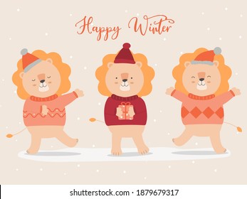 vector of final winter with lion wearing sweater and christmas hat