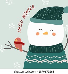 vector of final winter with snowman and a bird perched on its arms