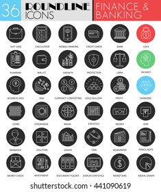 Vector finance banking circle white black icon set. Modern line black icon design for web.