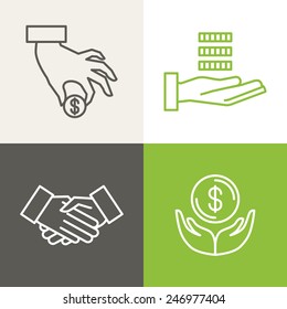 Vector finance and banking icons and logos in outline style - payment and charity