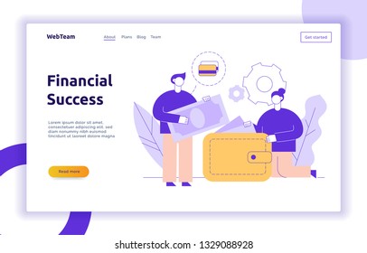 Vector finance and business strategy web banner design template with man and woman holding wallet and money. Investment and financial illustration