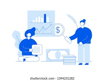 Vector finance and business strategy web banner design template with women holding magnifier and check list in front of data graph. Money, investment and financial illustration