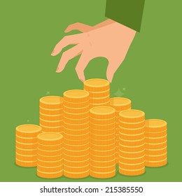 Vector finance concept in flat style - stack of golden coins and human hand