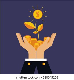 Vector finance concept in flat style  investing money, coins in hand, money treed