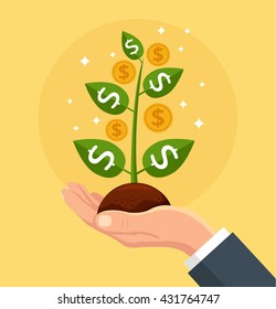 Vector finance concept. Money tree in hand. Investing money. One hand hold money tree