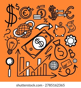 Vector finance doodle icons set. Hand drawn linear sign collection. SImple contour element. Currency exchange. Money transfer. Cash savings. Economic concept. Profit growth chart. Funny childish style