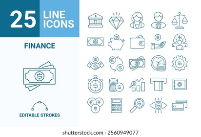 Vector finance editable stroke line icon set with money, bank, check, law, auction, exchance, payment, wallet, deposit, piggy, calculator, web and more isolated outline thin symbol.