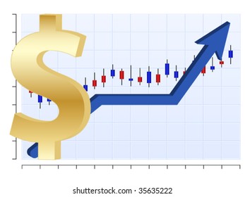 Vector finance graph with dollar symbol and up arrow