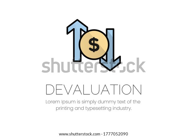 Vector\
finance illustration. Logo devaluation. Dollar icon, up and down\
arrows on the sides, inscription\
devaluation