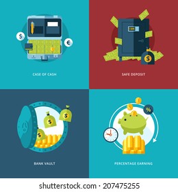 Vector Finance And Money Icons Set. Illustration For Case Of Cash, Safe Deposit, Bank Vault And Percentage Earning.