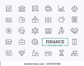 Vector Finance pictograms for bank. Thin line icons for dashboard or web app design. Signs of currency, money, cashback, exchange rate, customer support, piggy, economy, wallet 