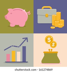 Vector finance and savings icons in flat style - piggy bank and coins