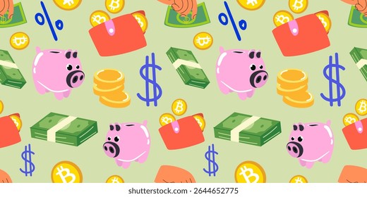 Vector finance seamless pattern. Money, bitcoin and crypto concept. Cartoon background with dollars, piggy bank, money, wallet, coins. Print for textile, fabric, wallpaper