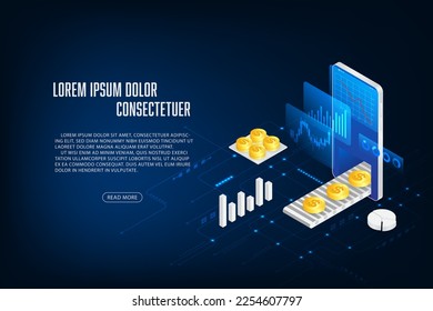 Vector finance and trading online application concept. Mobile phone and coint isometric.