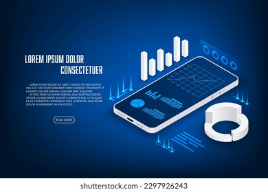 Concepto de financiación de vectores y comercialización de aplicaciones en línea. Teléfono móvil y grafo isométrico.