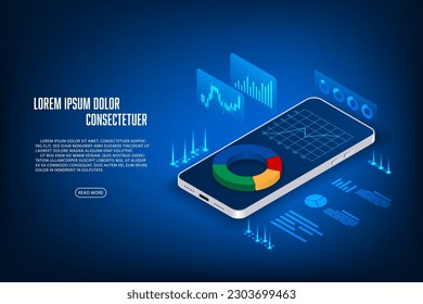 Vector finance and trading online application concept. Mobilephone and graph hologram isometric.