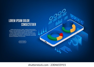 Vectorfinanz- und Trading-Online-Anwendungskonzept. Mobilephone und Graphen Hologramm isometrie.