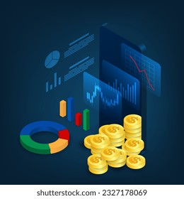 El concepto de financiamiento de vectores y comercio en línea. Mobilefono y holograma isométrico.