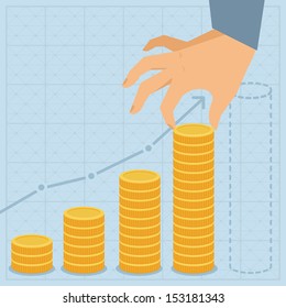 Vector financial business plan - hand holding golden coin in flat retro style