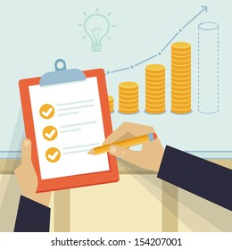 Vector financial business plan - hand holding report and golden coins in flat retro style