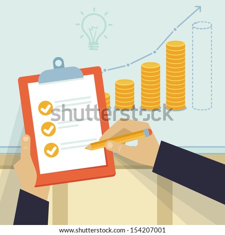 Vector financial business plan - hand holding report and golden coins in flat retro style