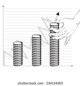 Vector financial business plan - How to earn first million. Hand holding golden coin in graphic style.  Isolated Illustration. Schedule of profit growth. Eps 8