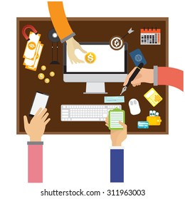 vector Financial and business teamwork with hand arm working on a desk on white background