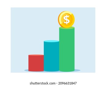 Vector de barras de gráfico financiero que crecen con una moneda de dólar encima 