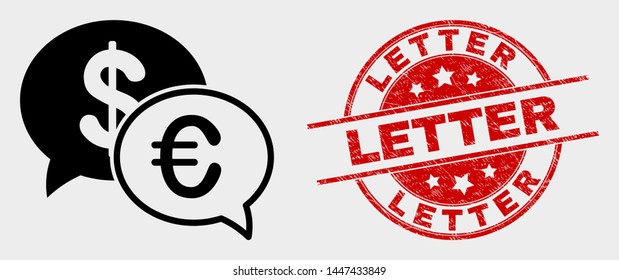 Vector financial chat icon and Letter seal stamp. Red round distress seal stamp with Letter caption. Vector combination for financial chat in flat style. Black isolated financial chat pictogram.