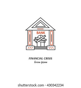 Vector financial crisis symbol isolated on white background. Closed bank  icon in linear style.