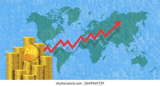 Banner econômico financeiro vetorial. pilhas 3d de moedas douradas, fundo pixel, mapa de mundo e seta para cima vermelha. Crescimento do preço do ouro. Finanças empresariais e globais