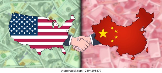 Vector financial economic banner. Maps of USA and China in colors of national flags. Male handshake. Negotiations, agreement and deal. United States of America and Peoples Republic of China