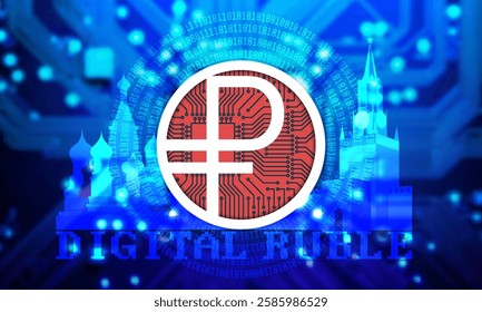 Vector financial economic poster. Symbol of Russian digital ruble. Moscow buildings and architecture, Kremlin and cathedral. Tower and church. Glow blurred computer microcircuit. Russia