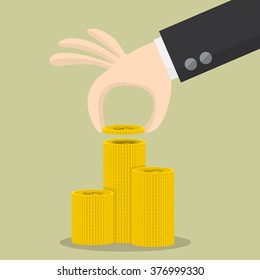 Vector financial growth concept with stacks of golden coins,Human hand and money coins,flat design