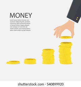 Vector financial growth concept with stacks of golden coins,hand of business manand money.coins,flat design,business concept.