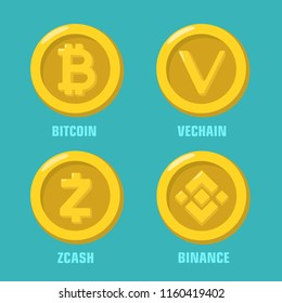 Vector financial icon coin  with electronic currency's sign: Bitcoin currency; Vechain cryptocash; Zcash coin; Binance gold coin. Coins in a flat style.