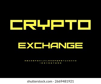 Vector Icono financiero Crypto Exchange. Fuente Techno moderna. Conjunto de letras y números del alfabeto amarillo.
