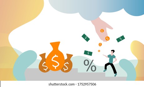 Vector financial illustration in flat style. Hand from sky pours money on man who climbs the stairs leading to money heap. Concept of obtaining loan, credit interest rate, inheritance, cashback.