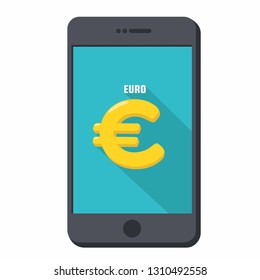 Vector financial mobile phone icon. The smartphone is black in color with a EURO currency sign on the screen. Illustration of smartphone in flat minimalism style.