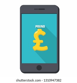 Vector financial mobile phone icon. The smartphone is black, on the screen is a British currency pound sterling sign. Illustration of smartphone in flat minimalism style.