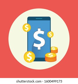 Vector financial mobile phone icon. The smartphone is white with a Dollar currency sign on the screen
