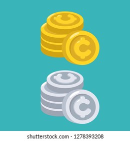 Vector financial money icon set. Coins with the cent symbol are gold and silver. Illustration of money in flat style.