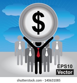 Vector : Financial Operation, MLM, Money Working, Job Career or Job Opportunity Concept Present by Group of Businessman With Dollar Sign on Hand in Blue Sky Background