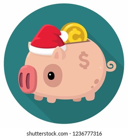 Vector financial piggy bank icon. Pig in a New Year's hat and with a gold coin. Illustration in flat style.