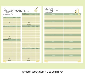 Vector financial planner pages templates. Weekly and monthly budget planner for print. Modern, comfortable planner in yellow and green colors.Cute finance planner template with financial icons