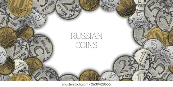 Vector financial poster. Change coins of Russia, halftone effect. Wide economic banner. Small ones money of Russian Federation. Sample or template. 1, 2, 5, 10 and 50 kopecks and rubles